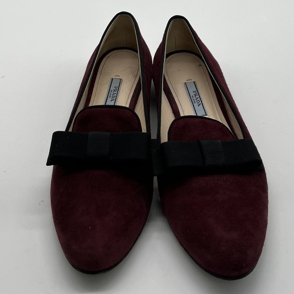 Prada Purple Suede Loafer Flat w/ Black Grosgrain Bow on Vamp sz 37.5 - Picture 1 of 7